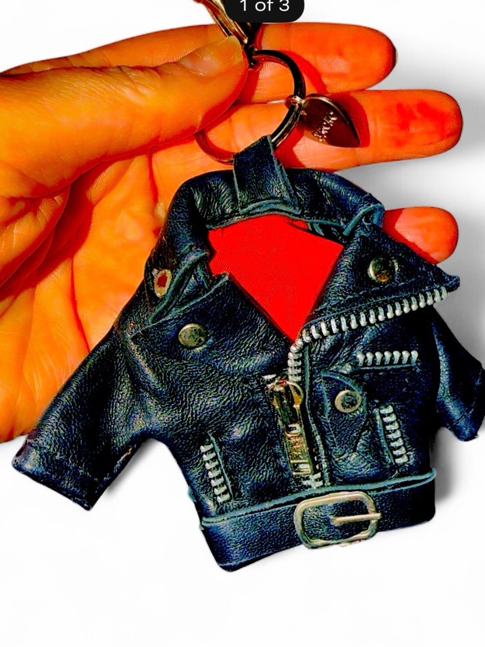 Leather Biker Jacket Keychain with Red Lining